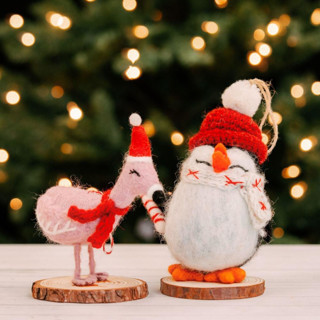 Felt Penguin Flamingo Holiday Figurine Set of 2 Christmas Decorations